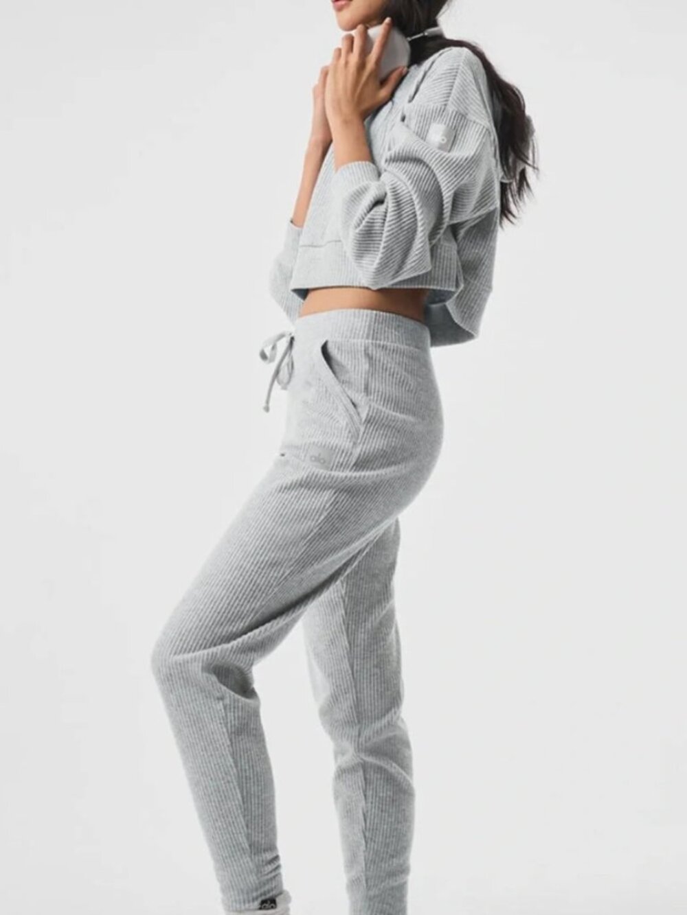 ALO Yoga Ribbed Cropped Hoodie & Jogger Set - Light Gray size Medium